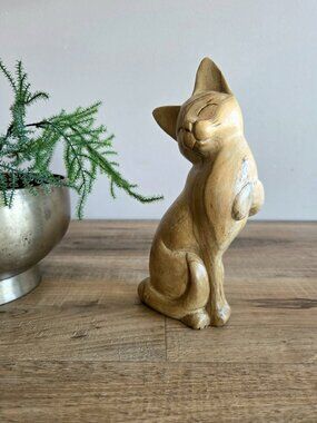 Vintage Midcentury Whimsical Hand Carved Wooden Sitting Cat Figurine.